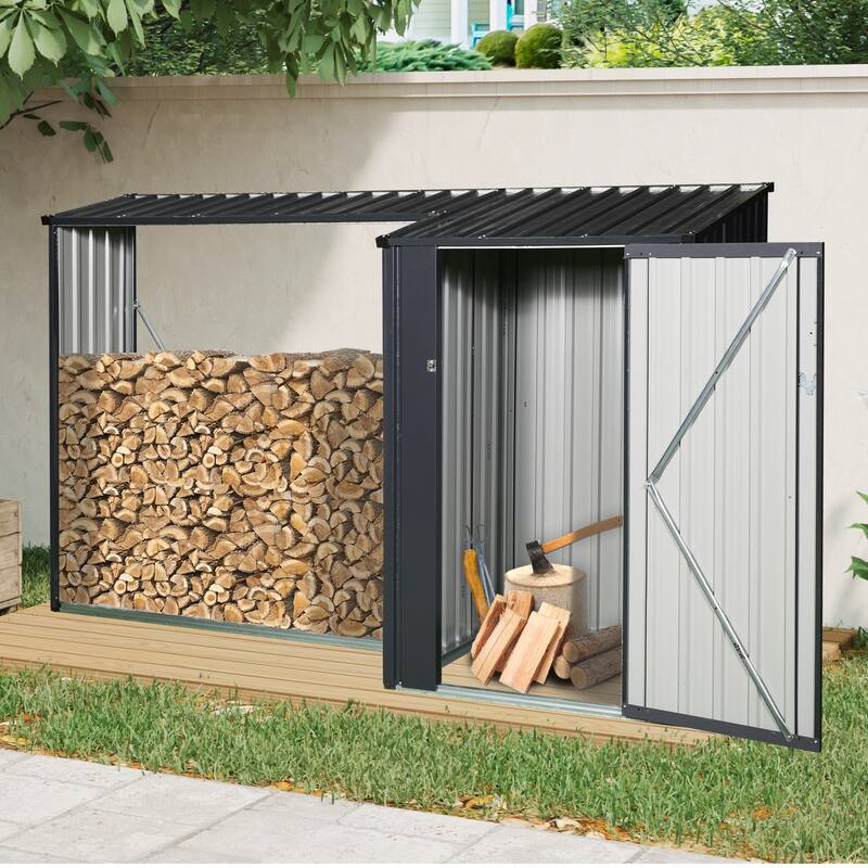 Two-in-One Outdoor Steel Firewood Rack & Storage Shed – Black (W540P171889) Updated Version