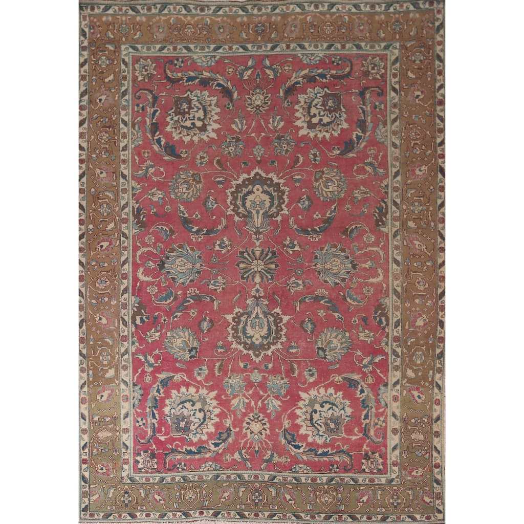 Pink Floral Tabriz Persian Vintage Area Rug Hand-Knotted Wool Carpet - 7'7"x 10'6"