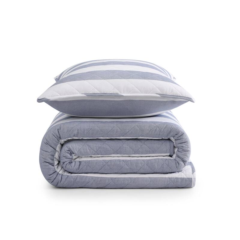 Tommy Hilfiger Capri Stripe Blue Cotton Reversible Quilt Set