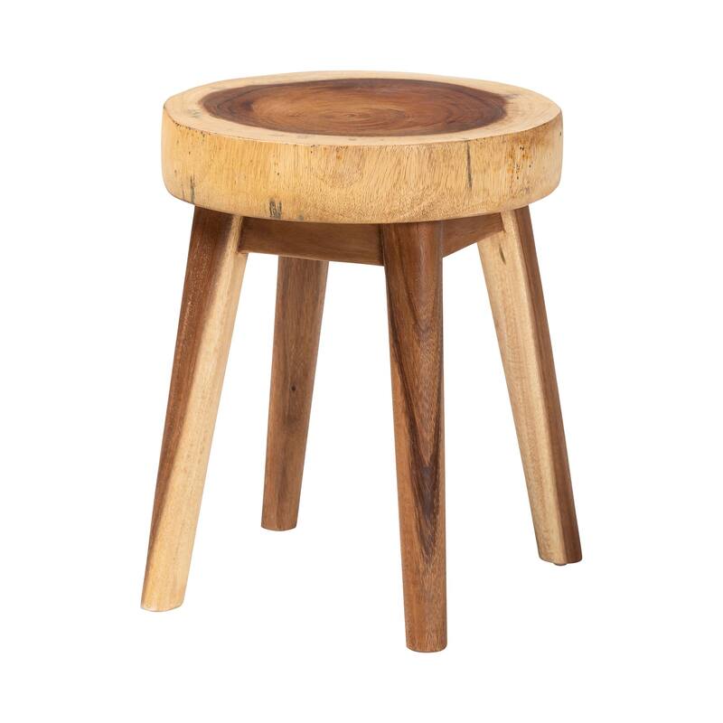 Jia Suar Wood End Table - Handcrafted Side Table with Round Top and Tapered Legs, Rustic Boho Accent Furniture - Natural Brown