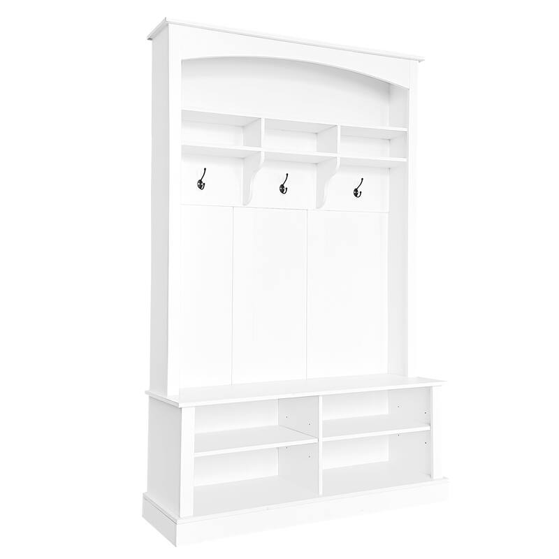 Hall Tree with Bench & Shoe Storage, Multi-functional Storage Bench w/ 3 Hanging Hooks & Open Storage Space, Rectangle Coat Rack