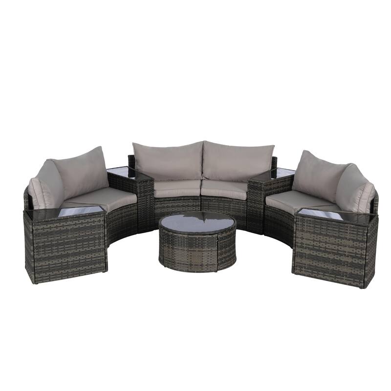 11-Piece Outdoor Half-Round Modular Sectional Sofa Set with Tempered Glass Coffee Table and 4 Side Table