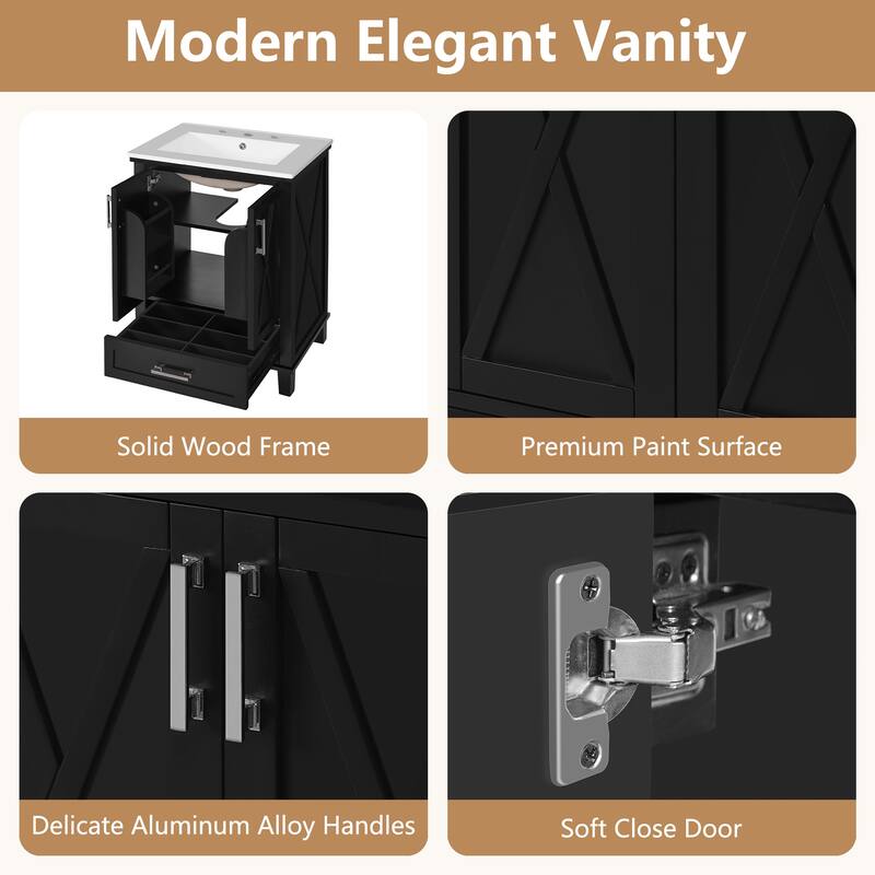 24" Bathroom Vanity with Ceramic Sink, Solid Wood Frame, Soft-Close Doors, Drawer and Shelves, Freestanding Storage Cabinet