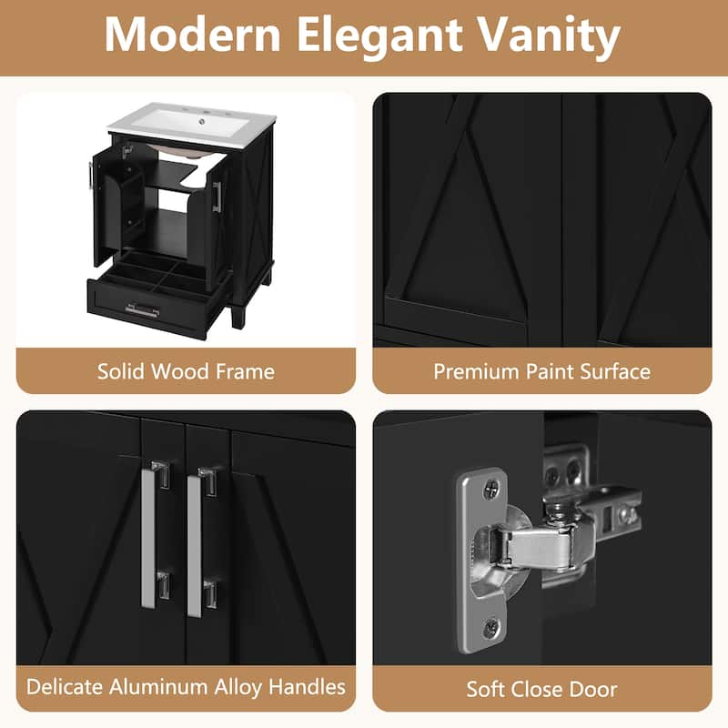 24" Bathroom Vanity with Ceramic Sink Bathroom Storage Cabinet with Divided Drawer and Storage Shelves