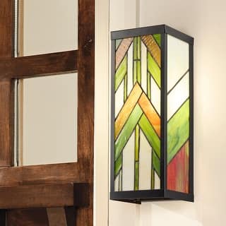 River of Goods Green Stained Glass and Black Satin Rectangular 1-Light Outdoor Wall Sconce - 6.25" x 5.5" x 16.25"