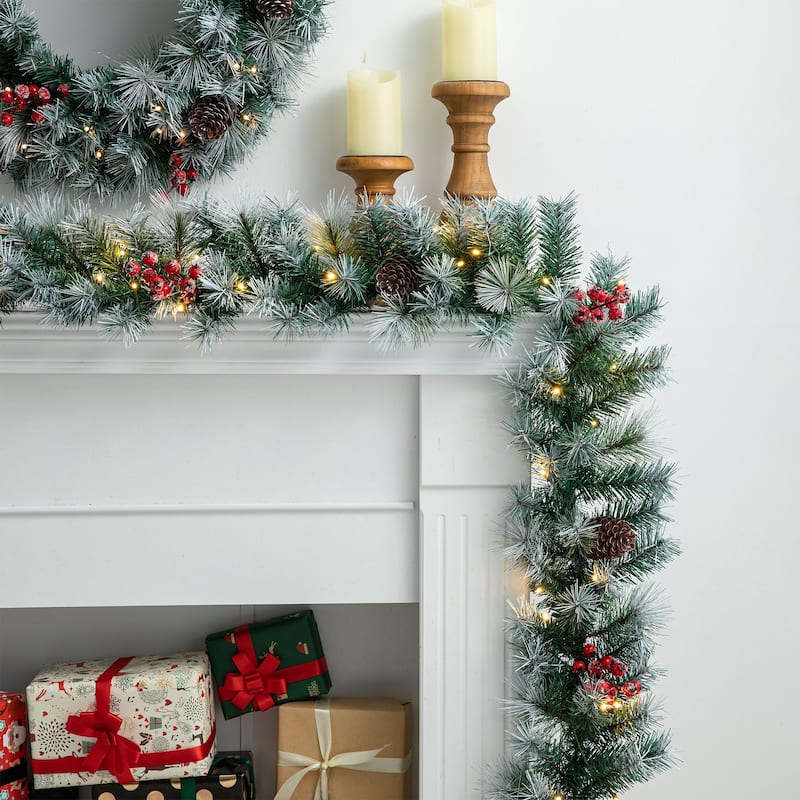 Glitzhome 9ft Pre-Lit Greenery Christmas Garland with 50 Warm White Lights(Includes Timer)