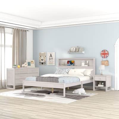 3-Pieces Bedroom Sets Queen Size Platform Bed with Nightstand and Dresser