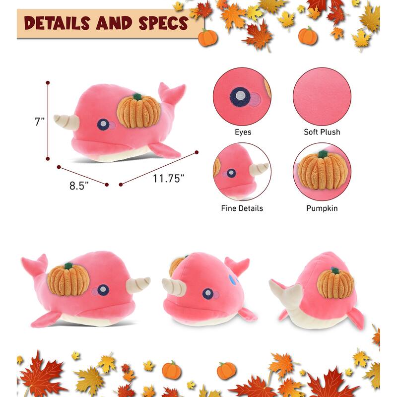 DolliBu Baby Soft Pink Narwhal Stuffed Animal with Pumpkin Decor - 21 inches