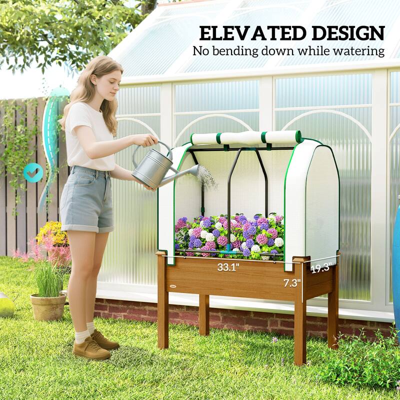 Outsunny Raised Garden Bed with PE Greenhouse Cover Outdoor Elevated Wood Planter Box , 35 x 22 x 47 inch