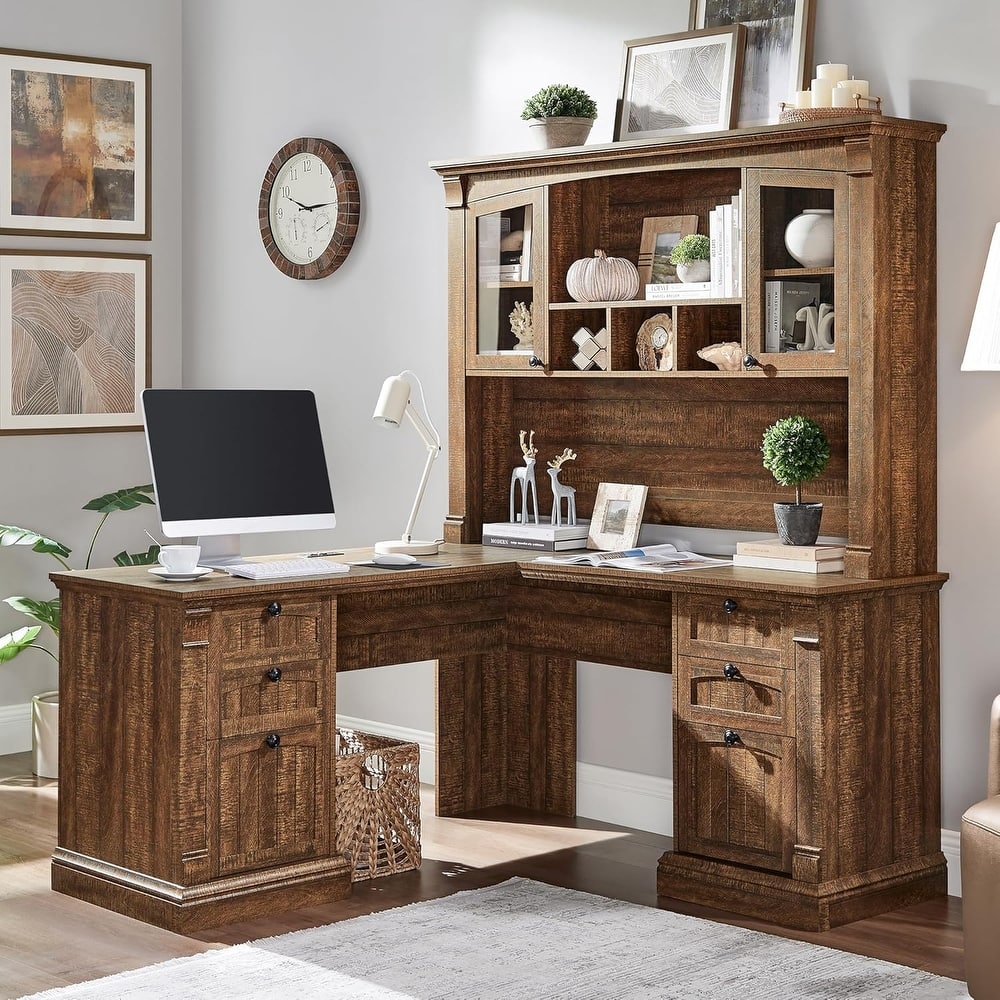 Farmhouse Computer Desk with Hutch, Wood Home Office Desk