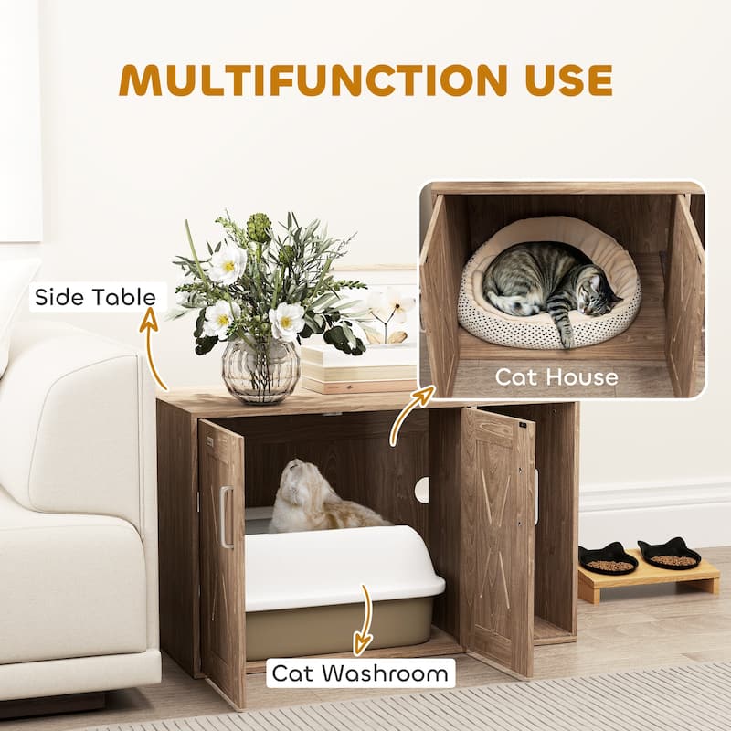 Walnut Brown Cat Litter Box Enclosure with Scratching Board and Barn Door Design Use as Side Table
