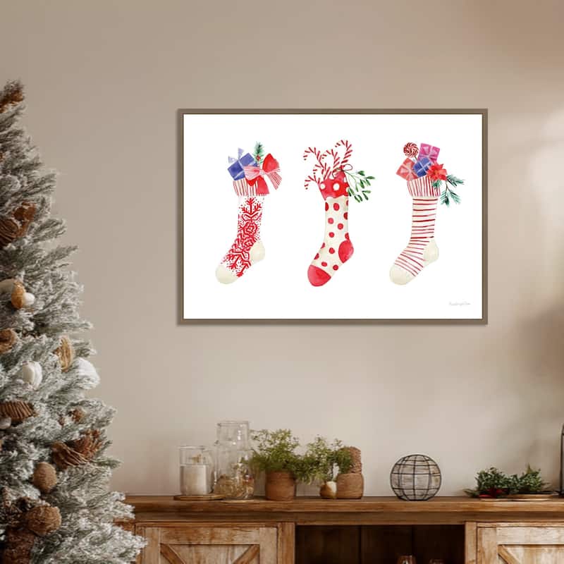 Decked Out Stockings by Mercedes Lopez Charro (33 x 23 in.), Framed Canvas Wall Art Print - Sylvie Dark Gold