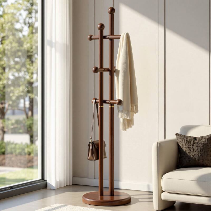 Freestanding Coat Rack Wooden Coat Tree with 6 Hooks and 2 Main Rods - 73.23"H x 15.75"W - Walnut