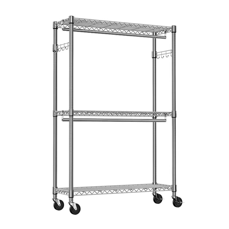 Heavy Duty Rolling Garment Rack 3 Tiers Adjustable Wire Shelving Clothes Rack with 2 Rods and Side Hooks