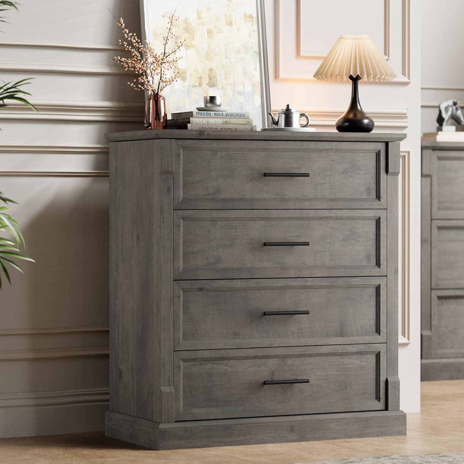 Brown 4 Drawer Dresser for Bedroom, Farmhouse Tall Chest of Drawers with Metal Handles, Rustic Wooden Storage Cabinet