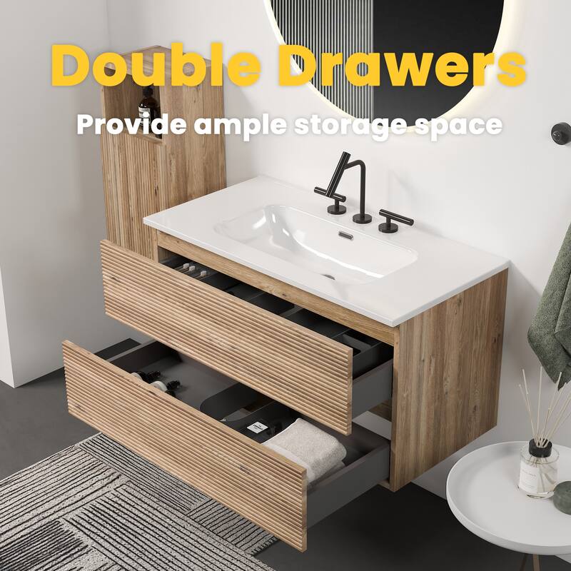 GDFStudio - Gloria Modern Wall-Mounted Floating Bathroom Vanity with Integrated Ceramic Basin & Soft-Close Drawers