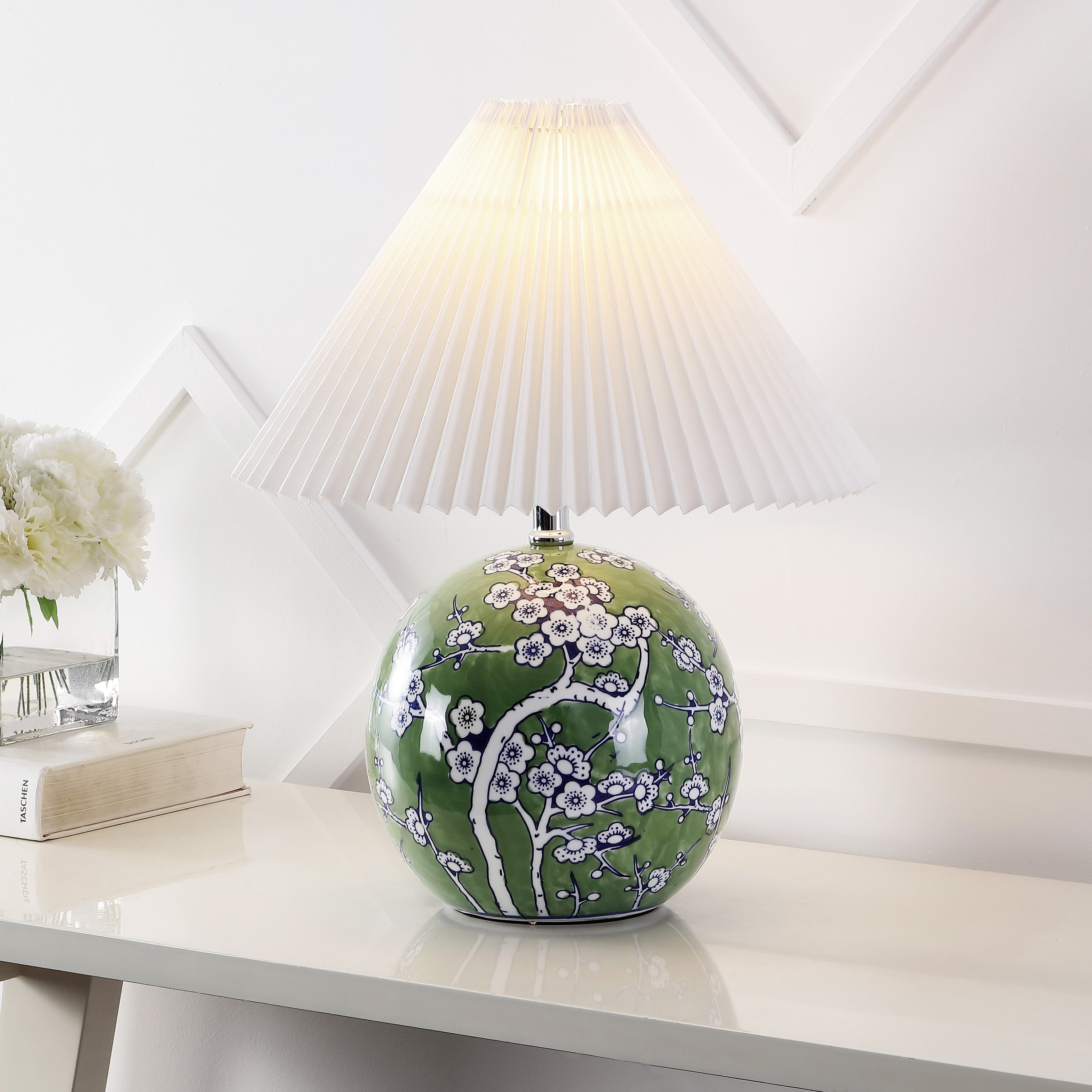 JONATHAN Y Alessio 19.5" Cottage Classic Chinoiserie Ceramic Orb LED Table Lamp with Pleated Shade