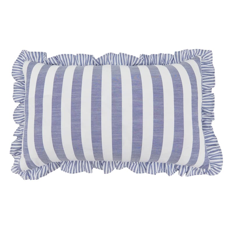 Striped Ruffle Edge Cotton-Blend Throw Pillow - Classic Cabana Stripe Design for Sofa, Bed & Accent Styling - 12"x20" - Feather Down - Navy Blue