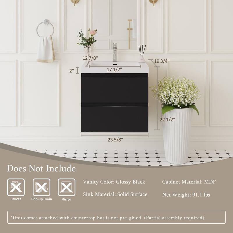 Modern Wall-Mounted Bathroom Vanity with White Solid Surface Top