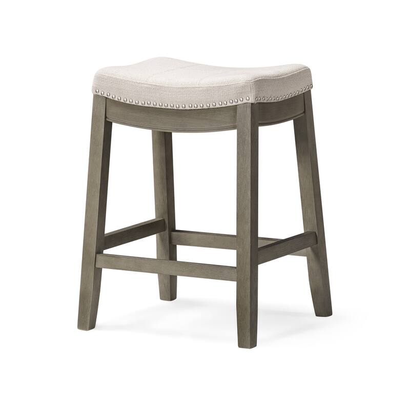 Maven Lane Sophia Saddle Kitchen Dining Stool - Aged Grey w/Dove Grey Fabric - Counter Height