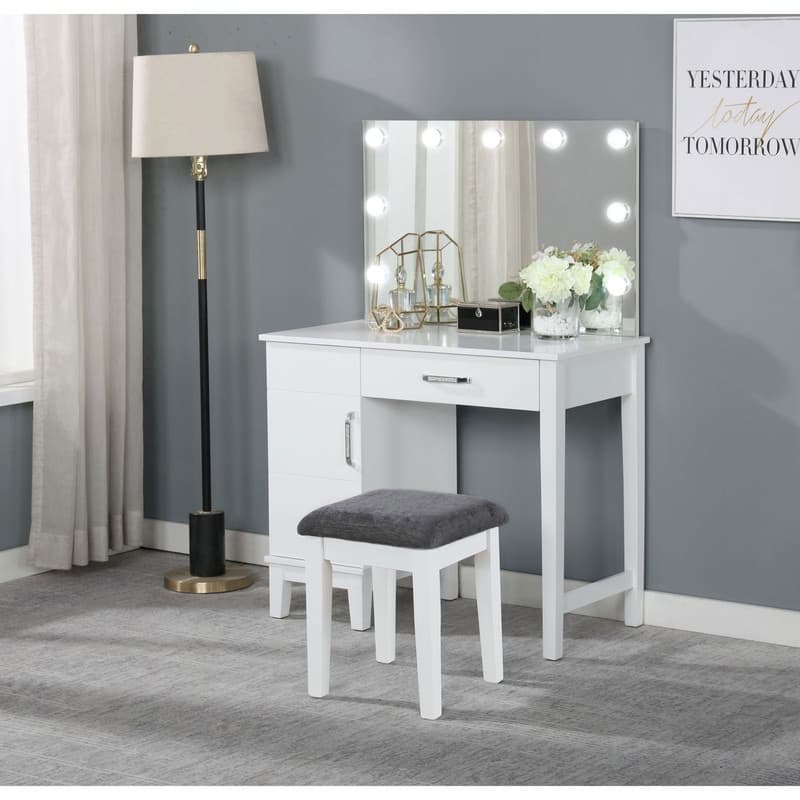 White and Dark Grey Vanity Set with Lighting and Stool - White