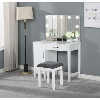 White and Dark Grey Vanity Set with Lighting and Stool