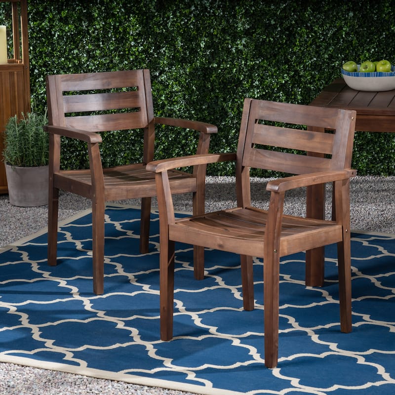 Country Style Outdoor Dining Chairs Set of 2, Acacia Wood Patio Armchair for Backyard, Poolside, Garden - Brown