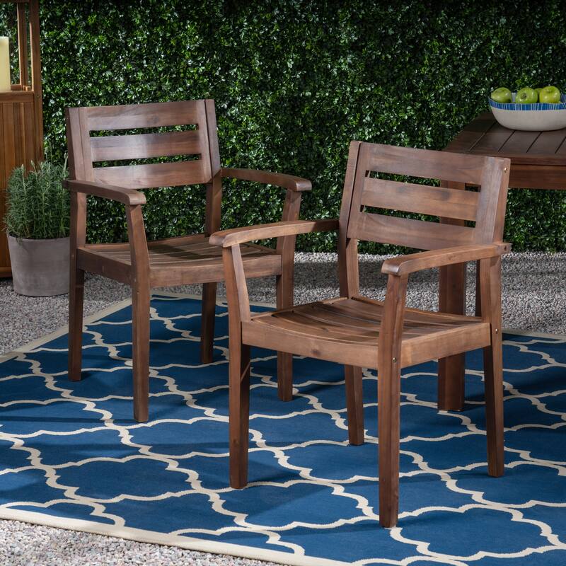 Roomfitters Stamford Set of 2 Acacia Wood Outdoor Dining Armchairs, Slatted Open-Back Design - Dark Brown