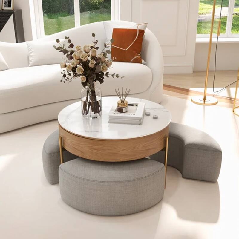 31.5'' Modern Round Lift-Top Coffee Table Set with Storage & 3 Ottomans