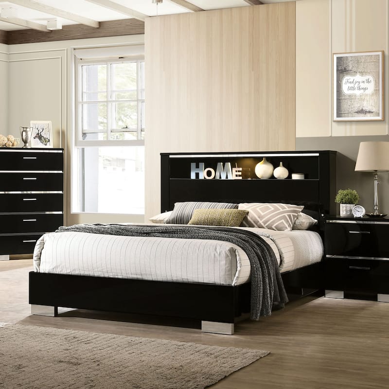 Furniture of America Lofa Modern Black Wood Panel Bed with LED - Queen