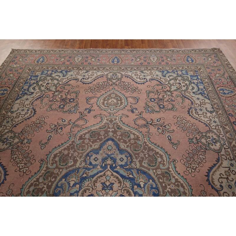 Pink Tabriz Persian Vintage Area Rug Hand-Knotted Wool Carpet - 9'7" x 12'4"