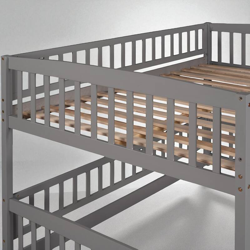Twin Over Twin / Full Over Full Bunk Bed with Slide and Fence, Low Wood Frame with Ladder for Kids and Teens