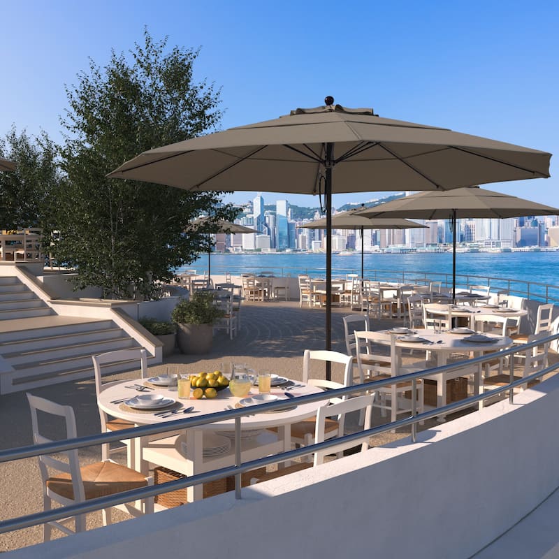 California Umbrella 11' Venture Series Patio Umbrella, Bronze Aluminum Pole Fiberglass Ribs Pulley Lift, Olefin Royal Blue