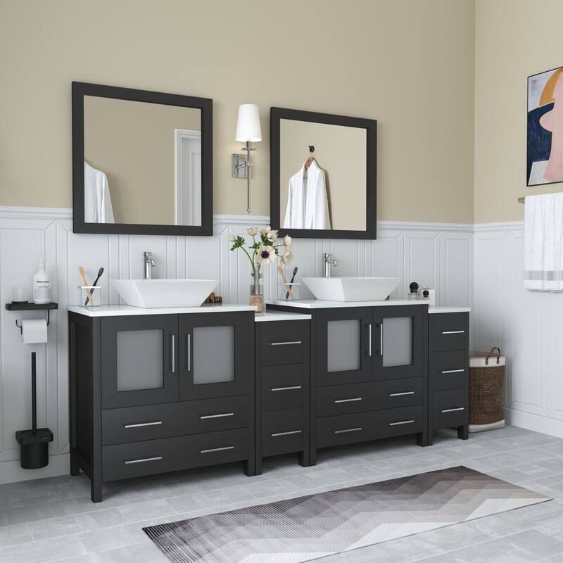 Vanity Art 84-inch Double Sink Bathroom Vanity Set with Engineered Marble Top and Free Mirror - 84 x 18.5 x 36 Inches