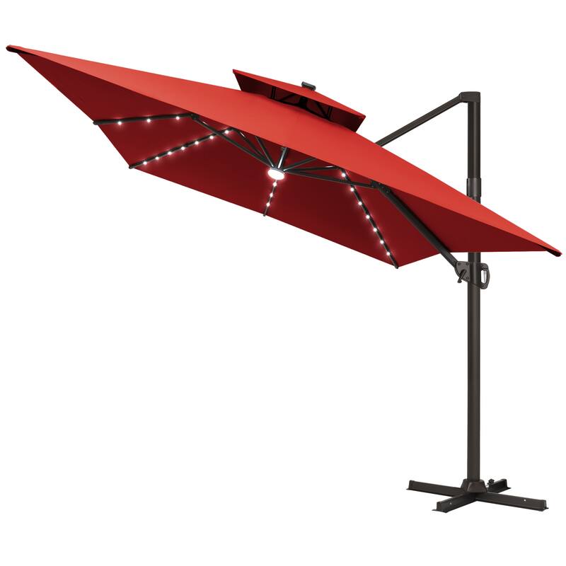 Pellebant Outdoor 10x13FT Patio Cantilever Umbrella Dual Top Lar Lighted - Red