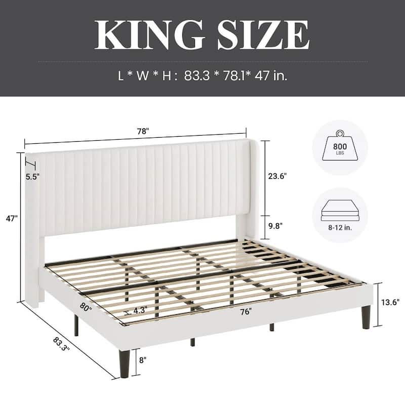 White Velvet Upholstered Platform Bed Frame with Wingback Headboard