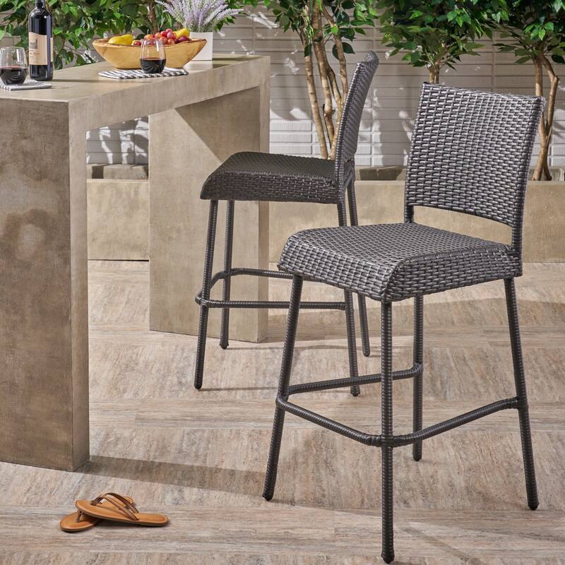 Roomfitters Outdoor PE Rattan Bar Stool Set of 2, 29'' Armless Counter Chairs with Backrest and Footrest