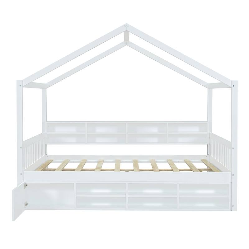 Full Wooden House Bed with Shelves and Mini-Cabinet - White/Gray