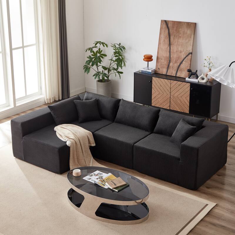 Anmytek 104-Inch Corduroy Modular L-Shaped Sectional Sofa 4PC Free Combination Luxury Foam-Filled - Black