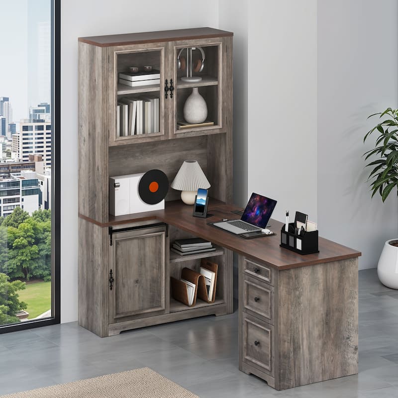 Moasis L-Shaped 3 Drawers Office Desk Corner Computer Desk with Shelves and Cabinet
