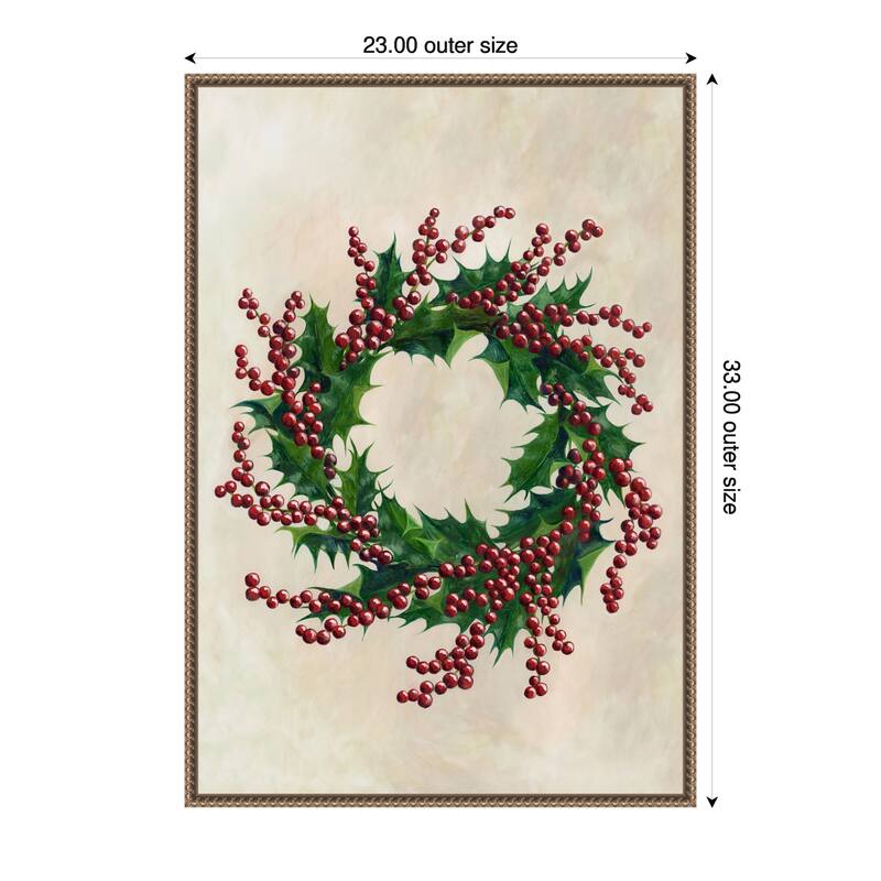 Holly wreath by Rosana Laiz Blursbyai (23 x 33 in.), Framed Canvas Wall Art Print - Sylvie Beaded Dark Gold