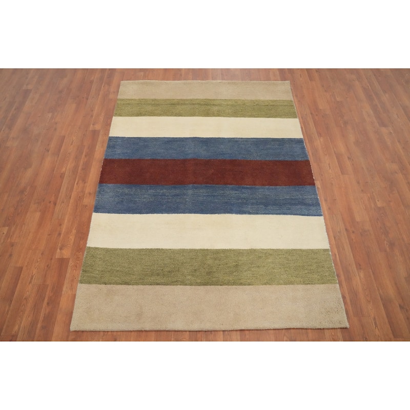 Hand Knotted Oriental 100% Wool Carpet Modern Stripe Multi-Colored Gabbeh Area Rug - 6' 3'' X 4' 7''