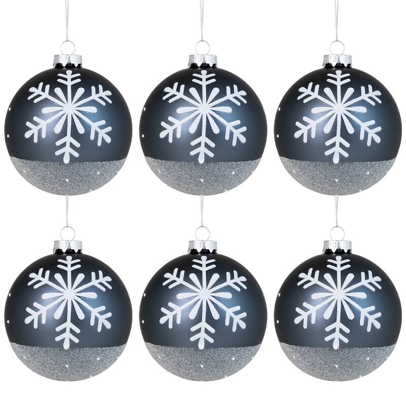 6 Gray White Snowflake Glass Christmas Ball Ornaments 4" (101mm)