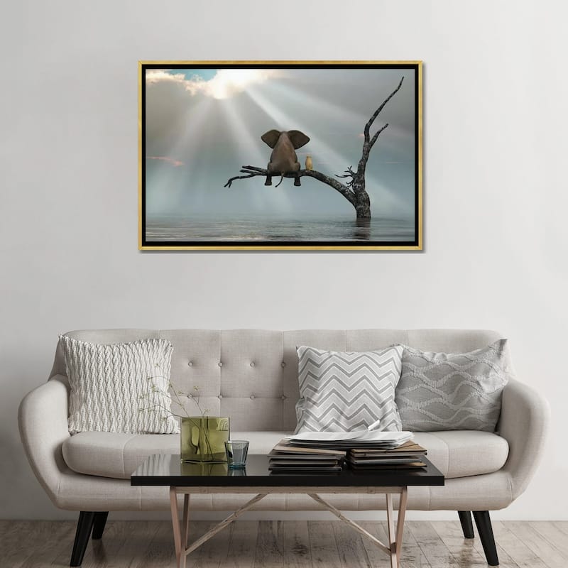 iCanvas "Elephant And Dog Are Sitting On A Tree Fleeing A Flood" by Mike Kiev Framed Canvas Print