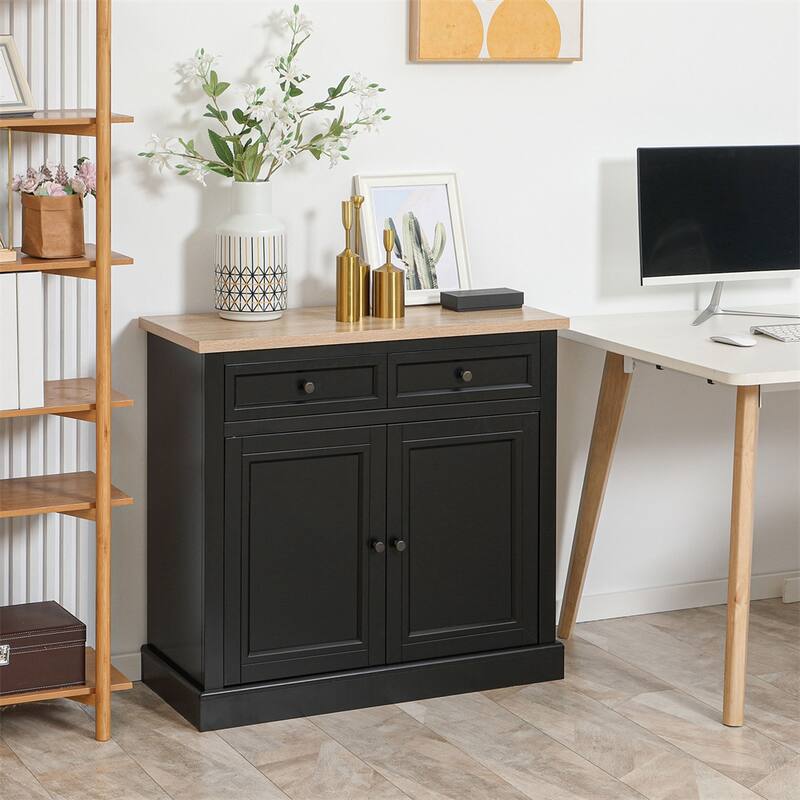 Wood Buffet Cabinet with 2 Drawers and Double Door - Black