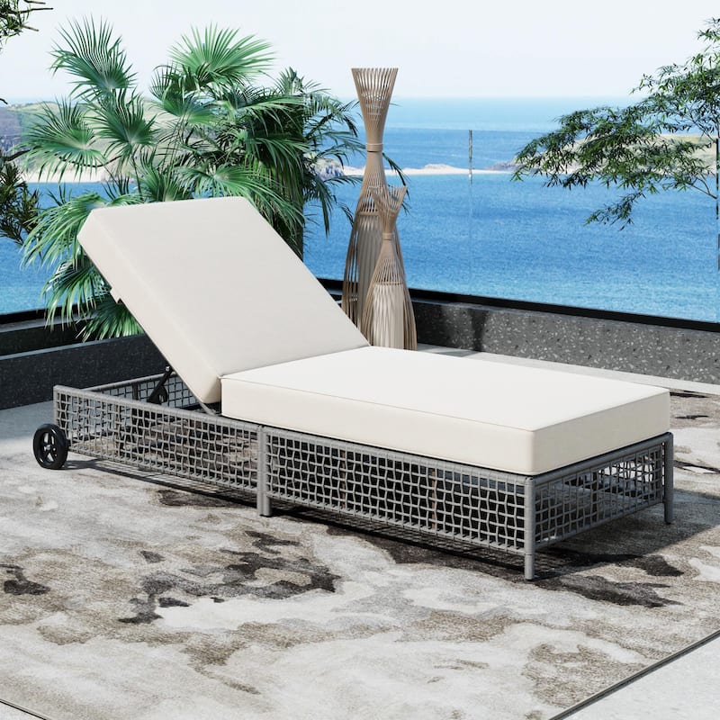 Outdoor Lounge Chair - Rattan Patio Chaise Lounge with 5-Position Backrest, Cushion, and Wheels - Grey+Beige