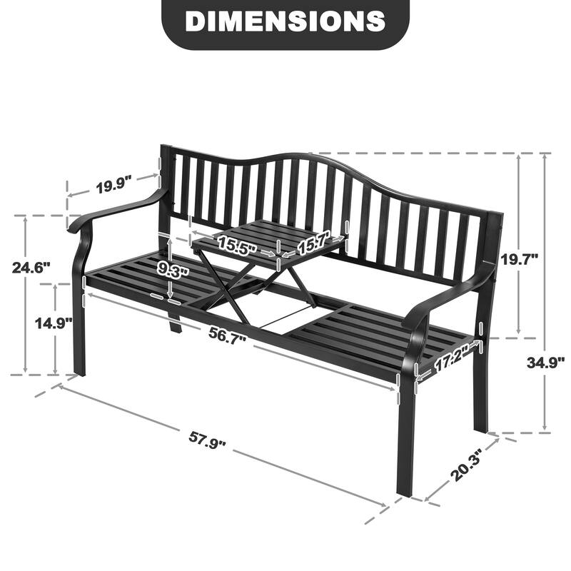 E-Coated Metal Frame Outdoor Bench with Backrest and a Built-In Small Table, Black