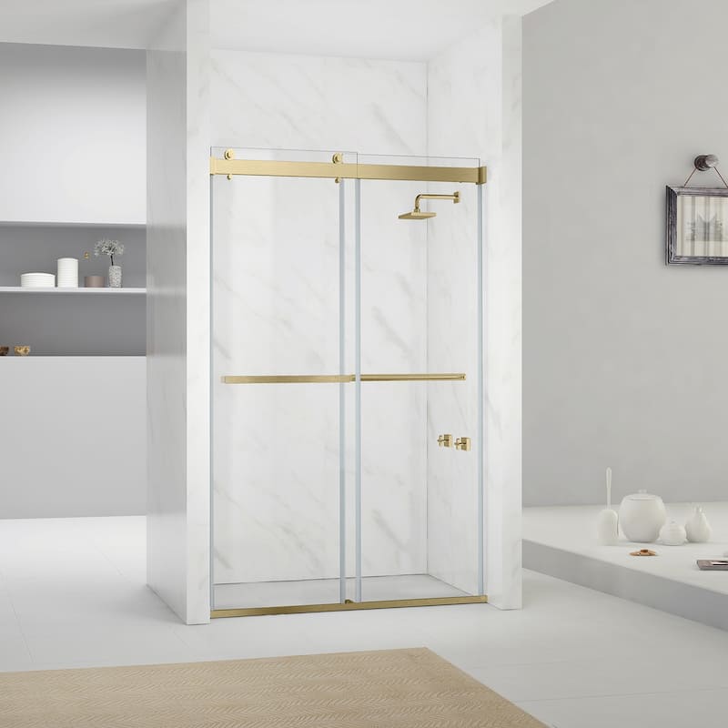 Spezia 56"W x 76"H Sliding Frameless Shower Door in Brushed Gold