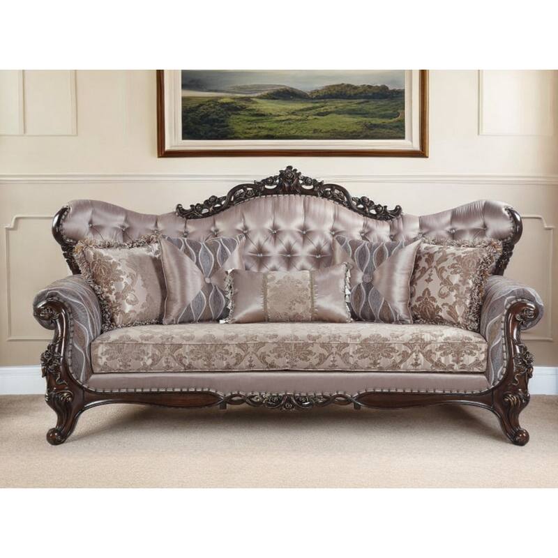 HomeRoots 92" Champagne Imitation Silk Damask Sofa And Toss Pillows - 92