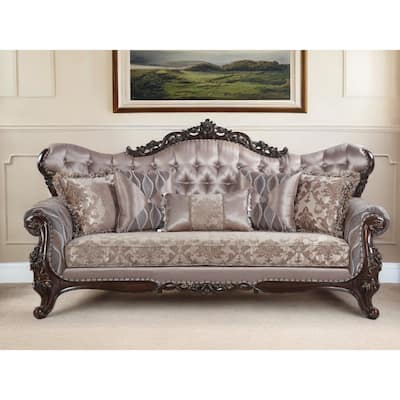 HomeRoots 92" Champagne Imitation Silk Damask Sofa And Toss Pillows - 92